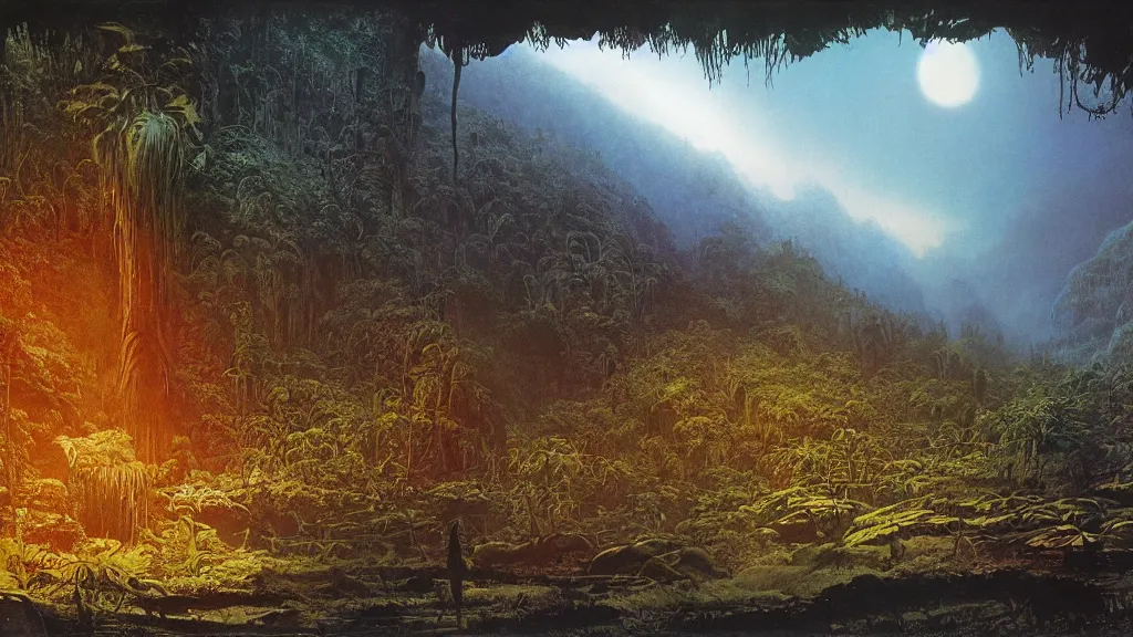 Image similar to otherworldly atmosphere of an alien jungle planet by arthur haas and bruce pennington and john schoenherr, cinematic matte painting