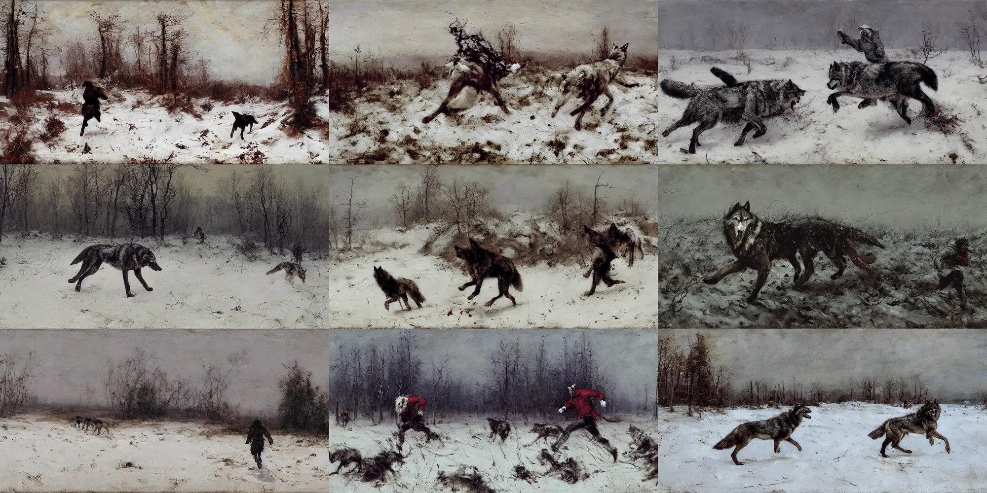 Prompt: landscape, winter, wolves, blood on ground, a man running, jozef chełmonski