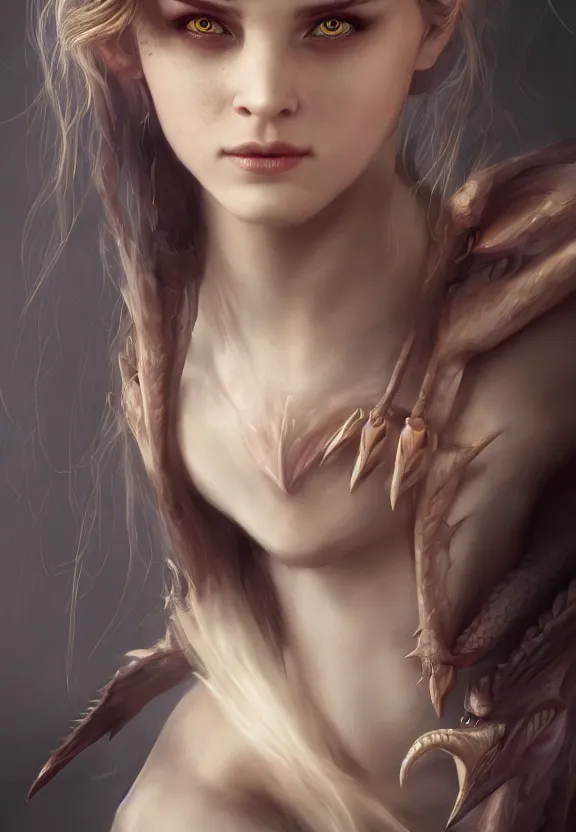 Image similar to The Child of a Beautiful Woman and a Dragon, demigod, beautiful, artstation, character design 4k, 8k, realistic, scales, fangs, girl, woman, detailed, hard, portrait, studio lighting