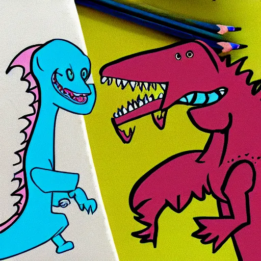 Prompt: a colorful cartoon vampire being chased by a pencil sketched dinosaur