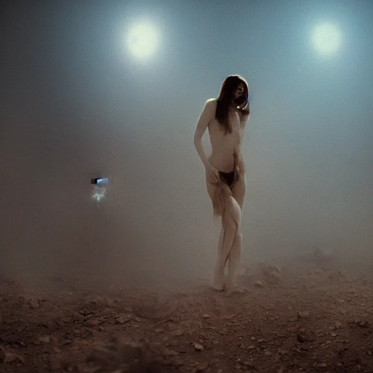 Image similar to The full body shot of beautiful pale woman with many eyes flowers and full-face golden mask inside a thick black smoke in rocky desert landscape, glowing eyes, falling star on the horizon, burning earth by Gaspar Noe and Christopher Doyle, anamorphic lens, anamorphic lens flares, kodakchrome, cinematic composition, practical effects, award winning photo, 8k