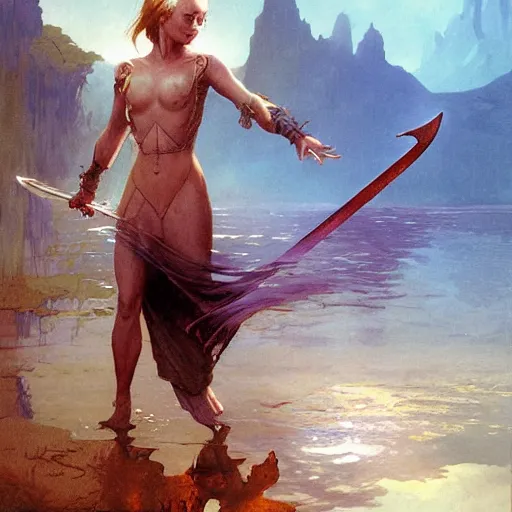 Image similar to a fantasy illustration of a hand holding a sword emerging from a lake, lady of the lake, by james gurney, craig mullins and frank frazetta