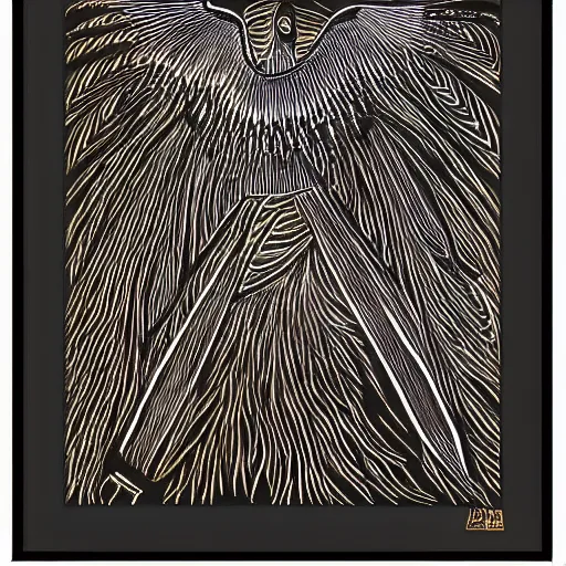 Image similar to a bird rising above the flames, mexican folk art, native american folk art, relief engraving, framed art, very simple, extremely abstract, deep black shading, mild expressionism, award winning