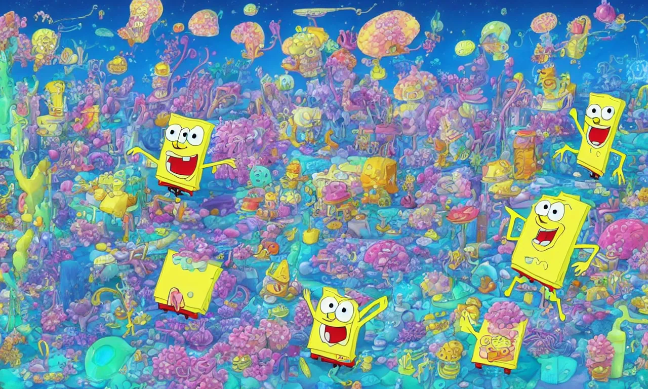 Prompt: a beautiful digital colorful illustration SpongeBob SquarePants as cheese, Nicktoons, jelly fishes, TV Y-7, bioluminescence by makoto shinkai and thomas kinkade