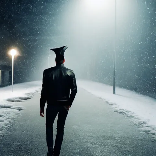 Image similar to shot of young man from back pacing lowering head dressed in short leather bomber jacket to empty narrow alley with street lamps in park with pines to the horizon,, with hands in pockets, snowfall at night, mullet long haircut, black hairs, cinematic, dramatic, detailed, realistic, movie shot, low lighting