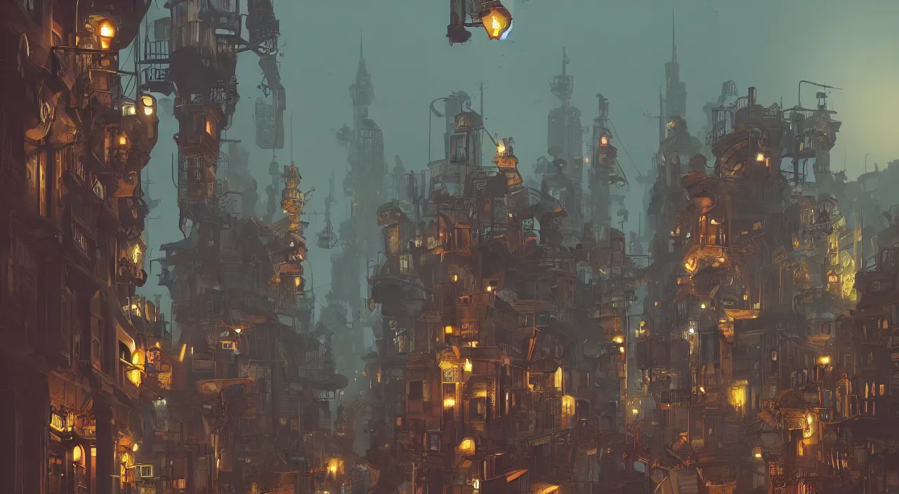 Prompt: low angle steampunk city by Tomer Hanuka, night time, streetlights, trending on artstation, octane render
