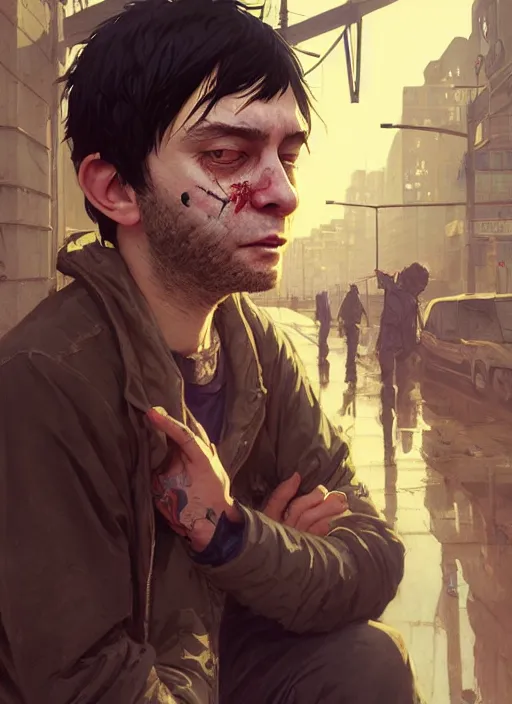 Image similar to Highly detailed portrait of homeless and beaten up Martin Shkreli, in GTA V, Stephen Bliss, unreal engine, fantasy art by Greg Rutkowski, Loish, Rhads, ferdinand knab, Makoto Shinkai and Lois van baarle, ilya kuvshinov, rossdraws, Tom Bagshaw, alphonse mucha, global illumination, radiant light, detailed and intricate environment