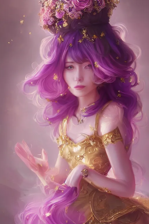 Prompt: beautiful princess in gold and pink dress, purple hair,, in her hands a black flower, soft lights ,symmetrical portrait, high quality, cinematic by WLOP and Rossdraws, character concept art. Epic composition, hyperrealism, award winning artwork,realistic hair, trending on artstation, high quality printing, fine art with subtle redshift rendering