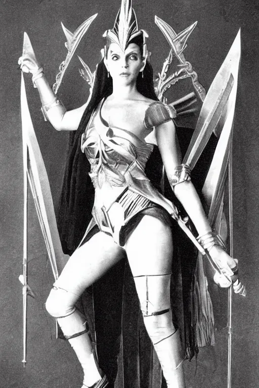 Image similar to she - ra, portrait, full body, symmetrical features, 1 8 8 0 photograph, aged paper, sergio leone, master prime lenses, cinematic