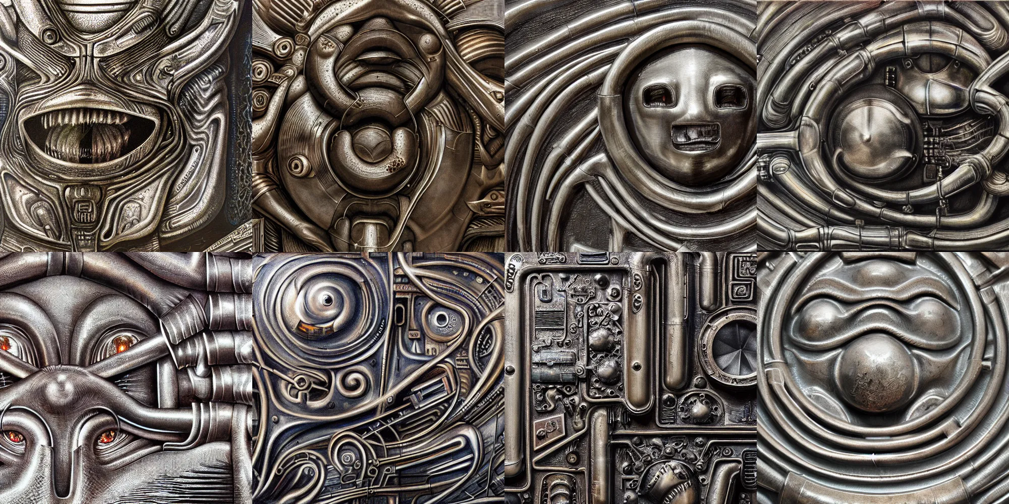 Prompt: closeup of metalic mural, metal cover, by giger, h.r giger, hr giger, highly detailed,soft lighting, film grain, medium format, 8k resolution, oil on canvas