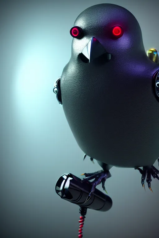 Prompt: high quality 3 d render very cute cyborg crow! sings into big microphone!, cyberpunk highly detailed, unreal engine cinematic smooth, in the style of blade runner & detective pikachu, hannah yata charlie immer, moody light, low angle, uhd 8 k, sharp focus