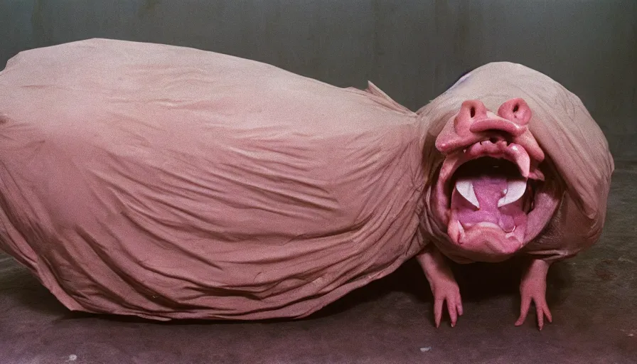 Prompt: 5 0 s movie still of a yelling pig in a flesh cocoon, cinestill 8 0 0 t 3 5 mm technicolor, heavy grain, high quality, high detail