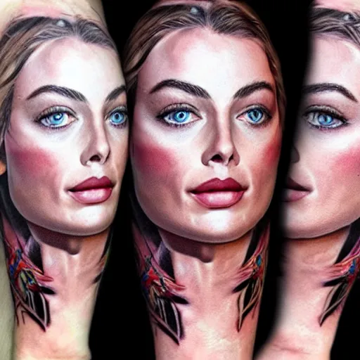 Image similar to face morph tattoo design sketch of margot robbie blended with beautiful mountain scenery, in the style of chris mataafa, amazing detail