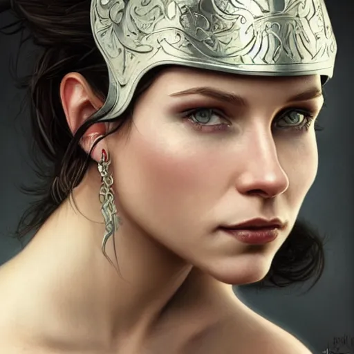 Prompt: an attractive young tattooed female with piercings wearing an white ornate metallic helmet, evangeline lilly, olive skin, long dark hair, beautiful bone structure, intricate, elegant, highly detailed, digital painting, artstation, concept art, smooth, sharp focus, illustration, art by artgerm and greg rutkowski and alphonse mucha