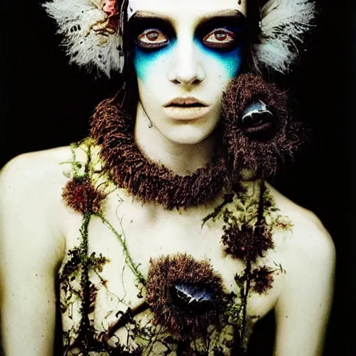 Image similar to kodak portra 4 0 0, wetplate, photo of a surreal artsy dream scene,, weird fashion, in the nature, highly detailed face, very beautiful model, portrait, expressive eyes, close up, extravagant dress, carneval, animal, wtf, photographed by paolo roversi style and julia hetta