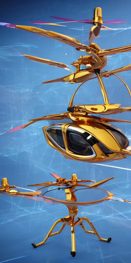 Image similar to a futuristic multi rotor helicopter with gold windows, 4 k, hyper realistic, coherent design, symmetrical, vivid colour, complementary colour, golden ratio, detailed, sharp lines, intricate, rainbow shift, in unreal 3 d engine, ray tracing, octane render