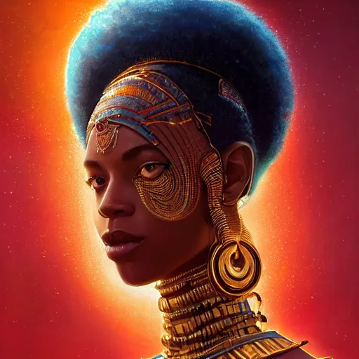 Image similar to highly detailed portrait of an african neon egyptian goddess, intricate alien technology, stephen bliss, unreal engine, fantasy art by greg rutkowski, loish, rhads, ferdinand knab, makoto shinkai and lois van baarle, ilya kuvshinov, rossdraws, tom bagshaw, global illumination, radiant light, detailed and intricate environment