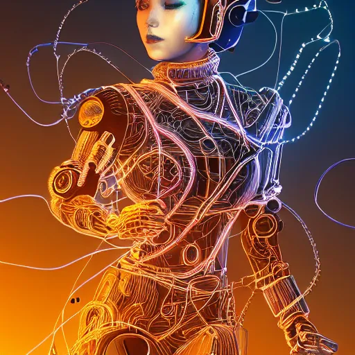 Image similar to a beautiful fighting body of a bot fighter pilot woman mostly made of wires and electronic circuits board led luminous, an ultrafine detailed illustration by james jean, final fantasy, intricate linework, bright colors, behance contest winner, vanitas, angular, altermodern, unreal engine 5 highly rendered, global illumination, radiant light, detailed and intricate environment
