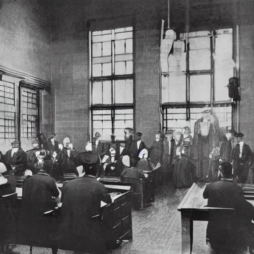 Image similar to an image of a civic criminal court, in a medium full shot, russian and japanese mix, high - key lighting, warm lighting, overcast flat midday sunlight, a vintage historical fantasy 1 9 1 5 photo from life magazine, professional cooperate, the new york times photojournalism.