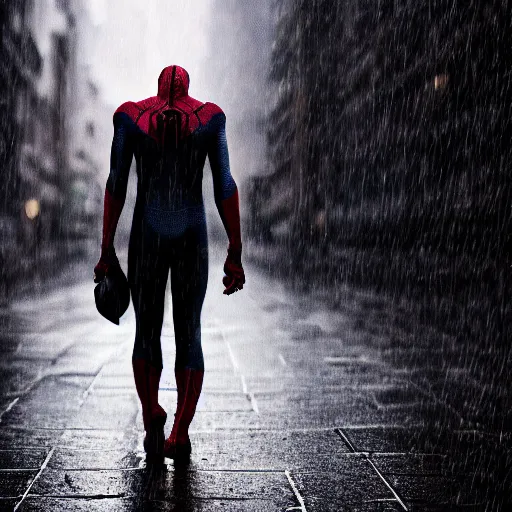 Image similar to Spiderman standing under rain with ,mellow , dramatic, sad ambience,. Wallpaper