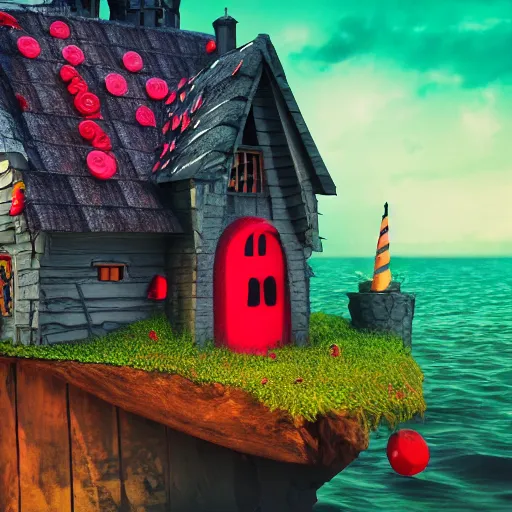 Image similar to a witches house made out of candy with a scary witch in front of the house, floating on the ocean, epic scene, fantasy, cinematic, redshift render, cgi, hyper - detailed, photo - bash, 8 k post - production, masterpiece