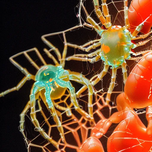 Prompt: high quality close-up photo translucent gelatinous spiders! gorgeous highly detailed hannah yata elson peter cinematic orange lighting high quality low angle hd 8k sharp shallow depth of field