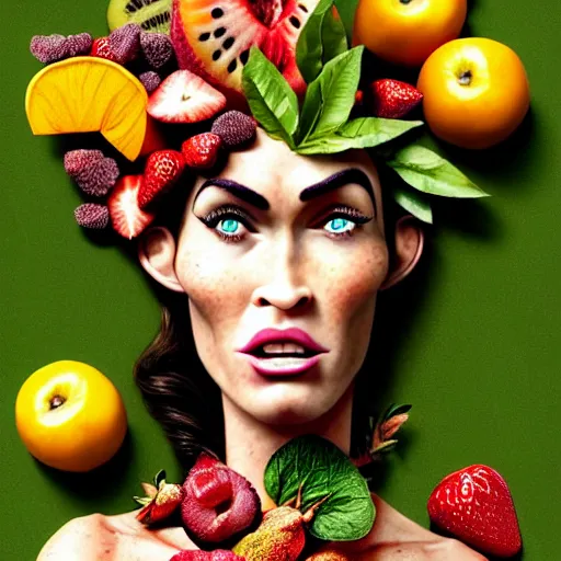 Prompt: megan fox vegan editorial by malczewski and arcimboldo, character sculpture by arcimboldo, stil frame from'cloudy with a chance of meatballs 2'( 2 0 1 3 ) of fruit dryad, fruit hybrid megan fox editorial by alexander mcqueen and arcimboldo