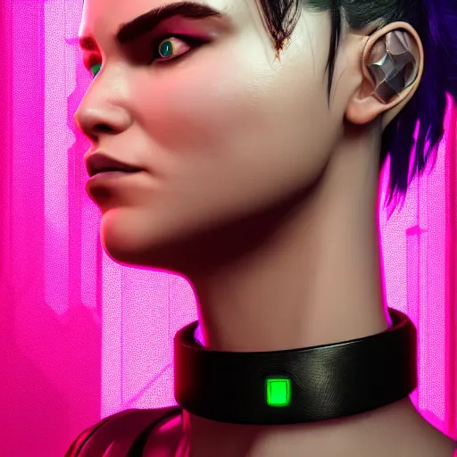Prompt: headshot portrait of female V from cyberpunk 2077 wearing thick steel choker around neck, 4K, detailed face, collar on neck, realistic, artstation, neon,