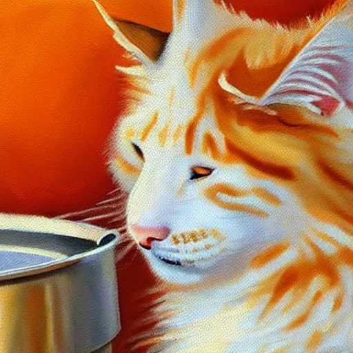 Image similar to beautiful impressionist painting of a orange maine coon with a white bears cooking some sausages on a pan