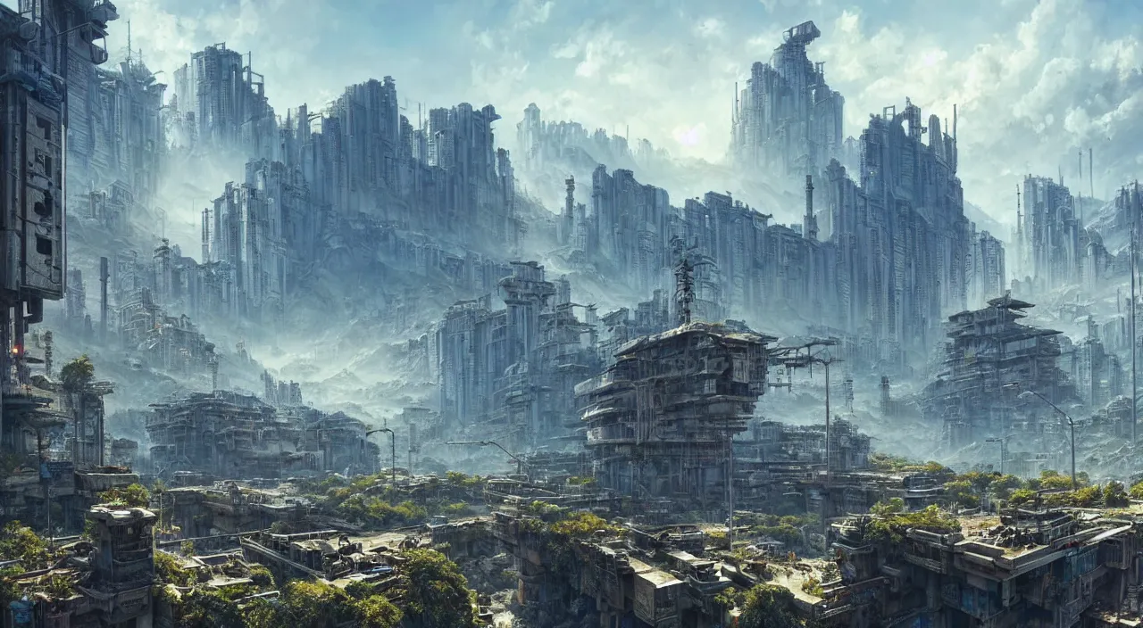 Prompt: dystopian cyberpunk city under kashmir mountains, hill valley grec greeble temple of olympus glory island little wood bridge painting of tower ivy plant in marble late afternoon light, wispy clouds in a blue sky, by frank lloyd wright and greg rutkowski and ruan jia