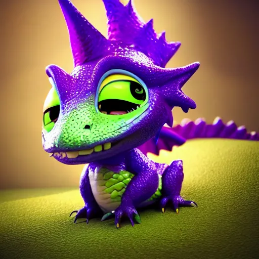 Image similar to adorable baby dragon, the dragon is purple and glittery, big eyes, Pixar CGI, octane render, kawaii