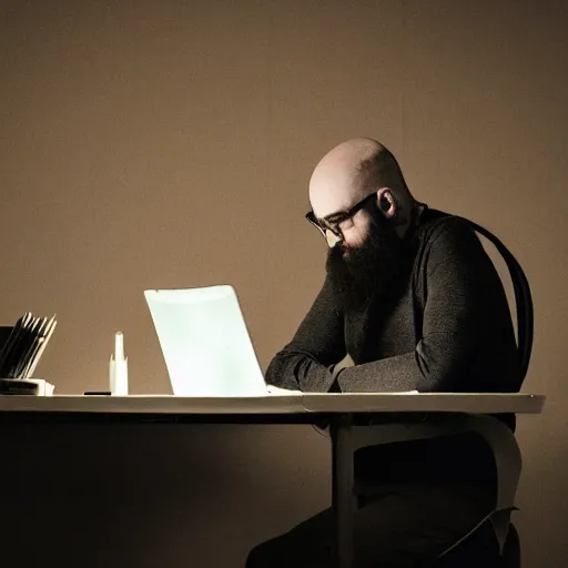 Prompt: dystopian photo of a slim, bald, middle aged man with a short beard and sleeve tattoos, he is sitting at a desk with a pc in a dark room, atmospheric, darkness, glowing screen, medium distance, office cubicles,