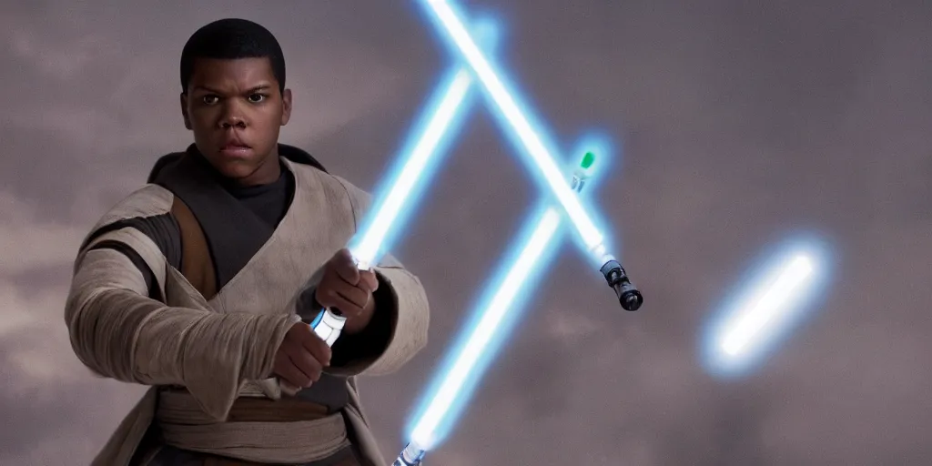 Image similar to Star Wars, Finn played by John Boyega wears jedi robes and wields lightsaber standing alone, full body shot, ultra realistic, 4K, movie still, UHD, sharp, detailed, cinematic, render