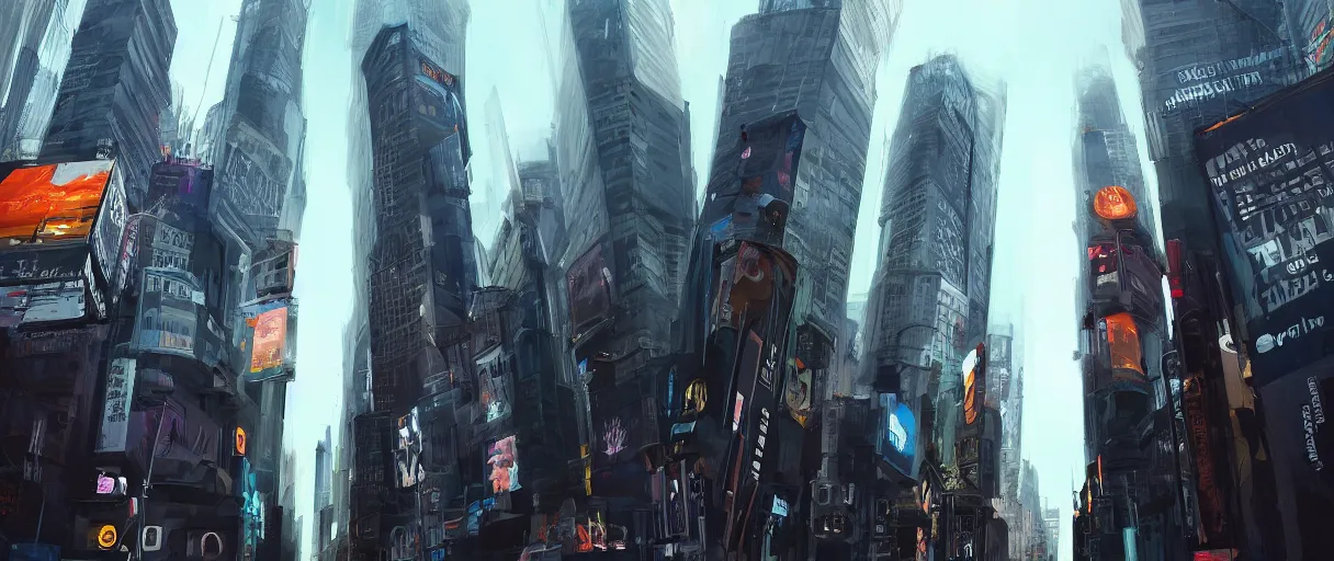 Image similar to huge modern downtown city, billboards, Times Square, dark, concept art, digital painting, style of Ian Hubert, warm lighting, futuristic, volumetric lighting, view from below, daytime, godrays , high detail