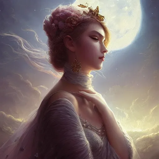 Image similar to a beautiful digital painting of a princess, princess, the moon behind her, intricate, cinematic lighting, highly detailed, digital painting, concept art, smooth, sharp focus, illustration, art by tom bagshaw, artgerm and greg rutkowski - 2 0 k