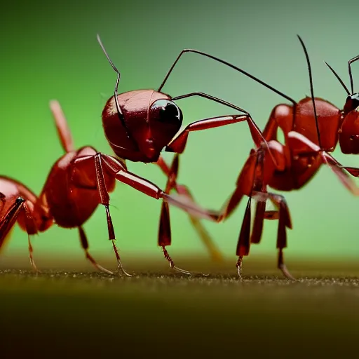 Prompt: bionic ants at war on a green leaf, macro photography, 8 k, cinematic lighting, shallow depth of field,