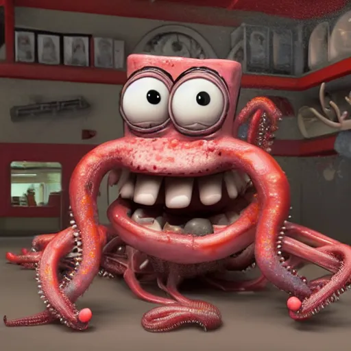 Image similar to ominous mr krabs from (spongebob) staring into your soul with realistic, slimy, tentacles made of flesh in background, scary, rendered in blender, horror, gloomy, dark, terrifying, terror, frightful, super detailed octane render,
