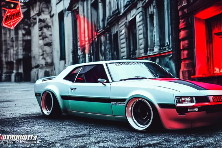 Image similar to widebody audi camaro b 1 ( 1 9 6 9 ) drifting, need for speed : carbon, at night, neon lines, lviv historic centre, phonk music background, smoke behind wheels, noise, dark, establishing shot