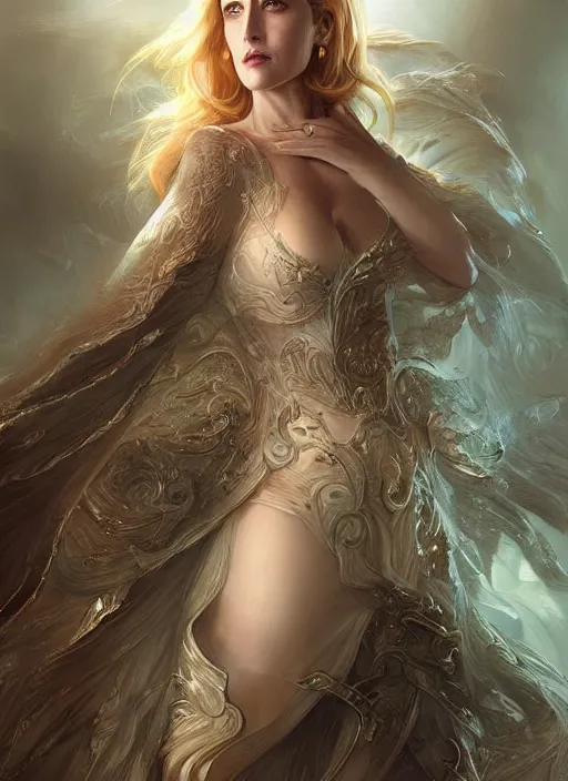Prompt: full length, Gillian Anderson, beautiful, fantasy, intricate, elegant, highly detailed, digital painting, artstation, concept art, smooth, sharp focus, illustration, art by artgerm and Huang Guangjian