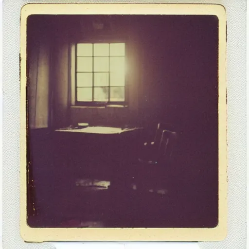 Image similar to 1880, inside a writer room, many books, piles of books, beautiful light, long shadows, 50 mm lens, polaroid photo, yellowed, crackles, scratches, dust, stains