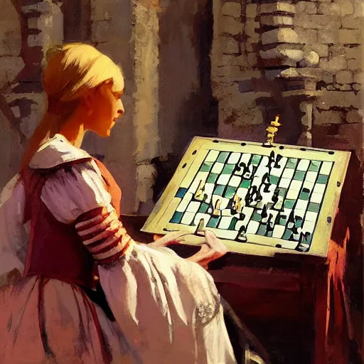 Prompt: portrait of woman wearing medieval clothes playing chess, detailed by greg manchess, craig mullins, bernie fuchs, walter everett