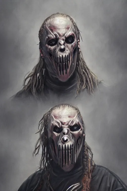 Image similar to high detail fantasy portrait oil painting illustration of slipknot by justin sweet, insane, realistic proportions, d & d, rpg, forgotten realms, artstation trending, high quality, sombre mood, artstation trending, muted colours