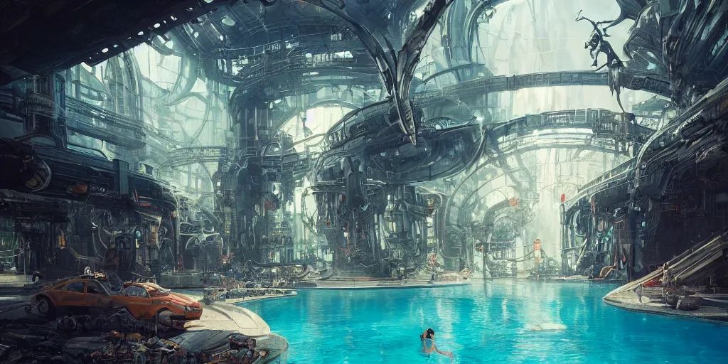 Image similar to beautiful pool waterfalls surrounded by alien robots, steel archways, industrial buildings, rusty metal towers, sun setting, ross tran, fantasy, james jean, peter morbacher, angelarium, alchemy, luxury, heavenly light, soft illumination, trending on artstation, cinematic lighting, digital painting, octane render, artgerm