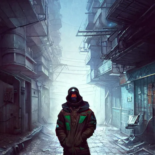 Image similar to A cyberpunk gopnik on the street of a Soviet slum on the moon, Norilsk, sci-fi, fantasy, intricate, very very beautiful, elegant, highly detailed, digital painting, artstation, concept art, smooth, sharp focus, illustration, art by artgerm and greg rutkowski and alphonse mucha