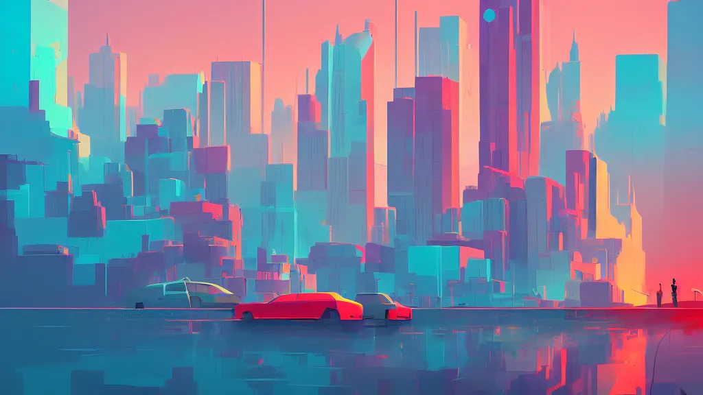 Image similar to downtown traffic, buildings, and lake, by anton fadeev