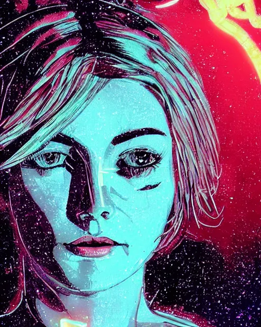 Prompt: a pulp illustration of a gorgeous young woman in dead space, with wild blonde hair and haunted eyes, 1 9 7 0 s, space station, neon light showing injuries, delicate ex embellishments, painterly, offset printing technique