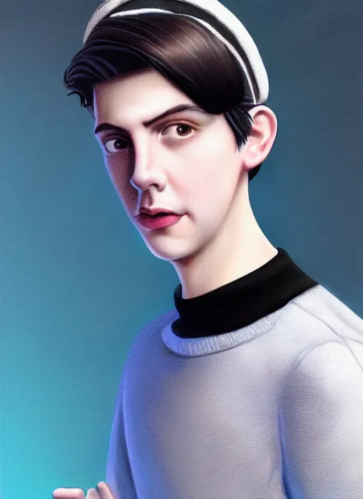 Image similar to portrait of teenage jughead jones wearing a light grey crown, crown, blue turtleneck, 1 9 5 0 s, closed eyes, photorealistic, black hair, glowing lighting, intricate, elegant, glowing lights, highly detailed, digital painting, artstation, concept art, smooth, sharp focus, illustration, art by wlop, mars ravelo and greg rutkowski