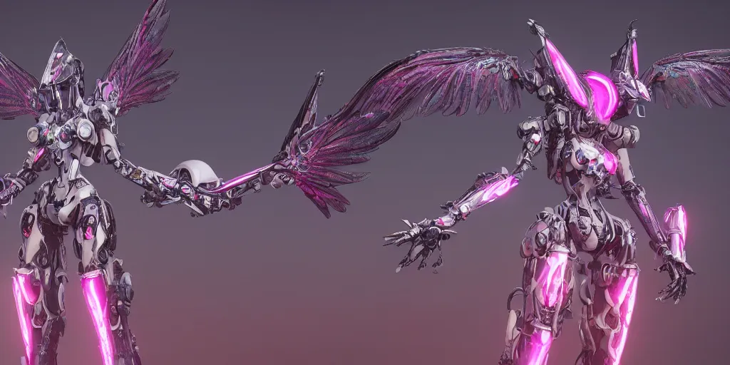 Image similar to a female mecha saints with huge wings flying in the fantasy forest is in pink and red collection by merriam, daniel, intricate mechanical details, futuristic, 2 k aesthetic, dramatic lighting, concept art, 4 k, 3 d octane render, provenance, detailed, trending on artstation