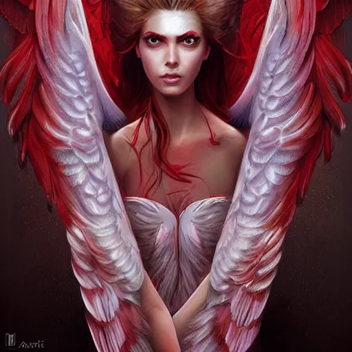 Image similar to woman - unicorn hybrid red angel - wings, stunning, realistic, symmetric portrait, face, intricate, very detailed, fantasy digital art, trending in artstation, marc simonetti