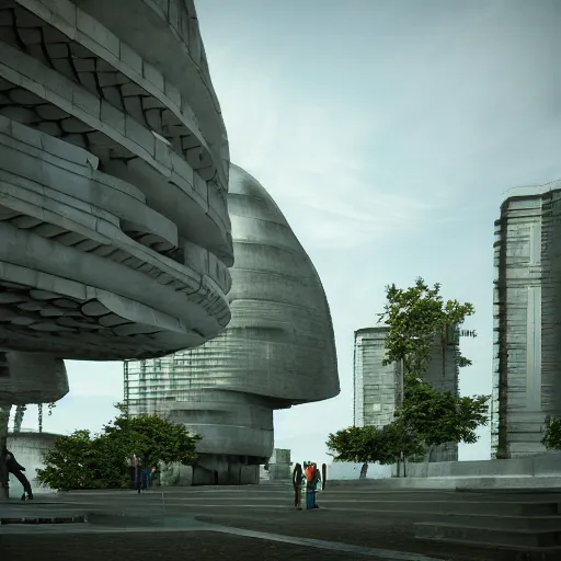 Prompt: scifi architecture, city, sustainable, ecology, green, parametric, brutal, concrete, people, realistic, octane render.